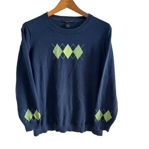 🧵Preswick & Moore Women Cotton Argyle Sweater Kangaroo Pocket Blue & Lime Green